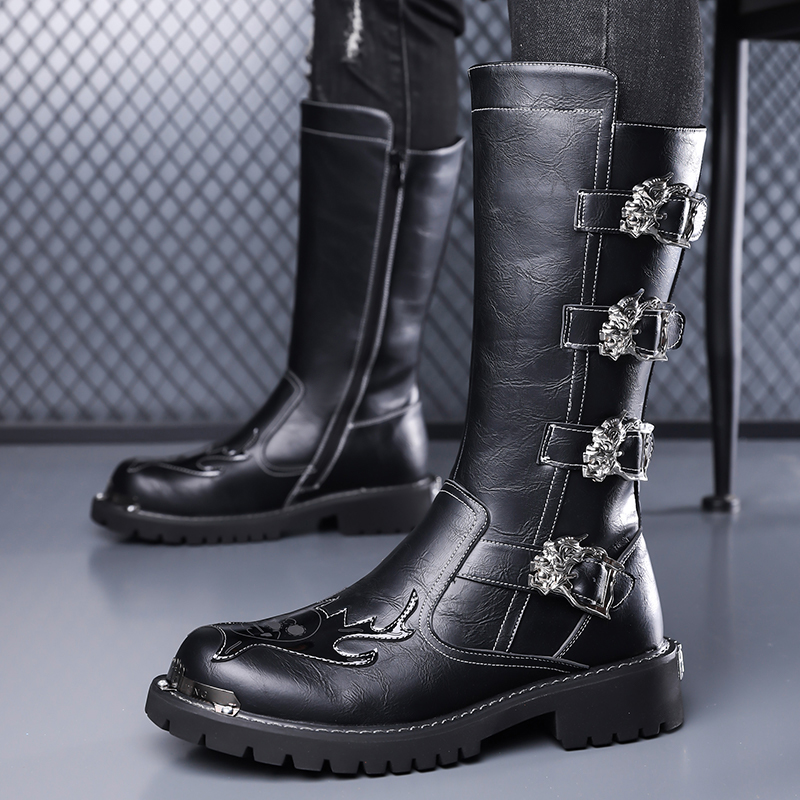 Leather Work Boots - รองเท้าบูทหนังดีไซน์ใหม่สำหรับผู้ชาย แฟชั่นลำลอง สีดำ หัวใหญ่ รองเท้าบูททำงานสูงถึงเข่า ขนาด