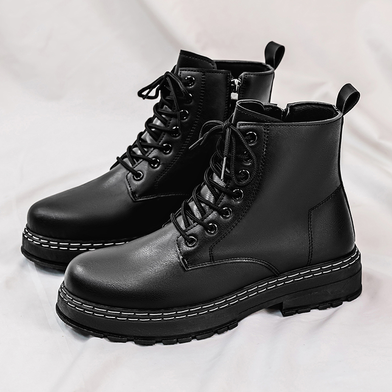 Leather Work Boots - รองเท้าบูทหนังแก้วสีดำสำหรับผู้ชาย 4 ฤดู - สไตล์อังกฤษคลาสสิกสำหรับขี่มอเตอร์ไซค์และเดินป่า