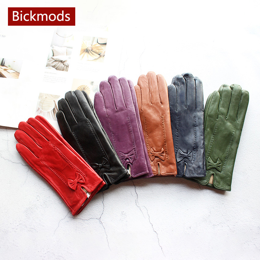 Leather Work Winter Gloves - ฤดูหนาว WARM สีหนัง Wloves ผู้หญิงแฟชั่นสไตล์โบว์ใหม่ Sheepskin