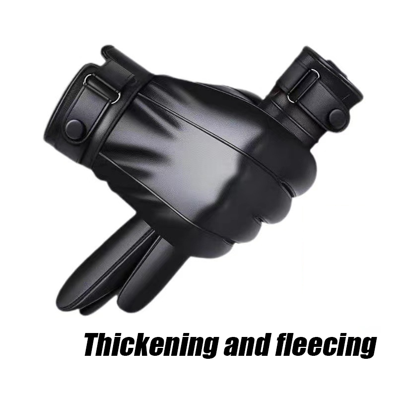 Leather Work Winter Gloves - ฤดูใบไม้ร่วงและฤดูหนาวถุงมือสีดําผู้ชายหนึ่งคู่หนัง PU พร้อมซับกํามะหยี่ถุงมือกันน้ําสําหรับขี่รถจักรยานยนต์