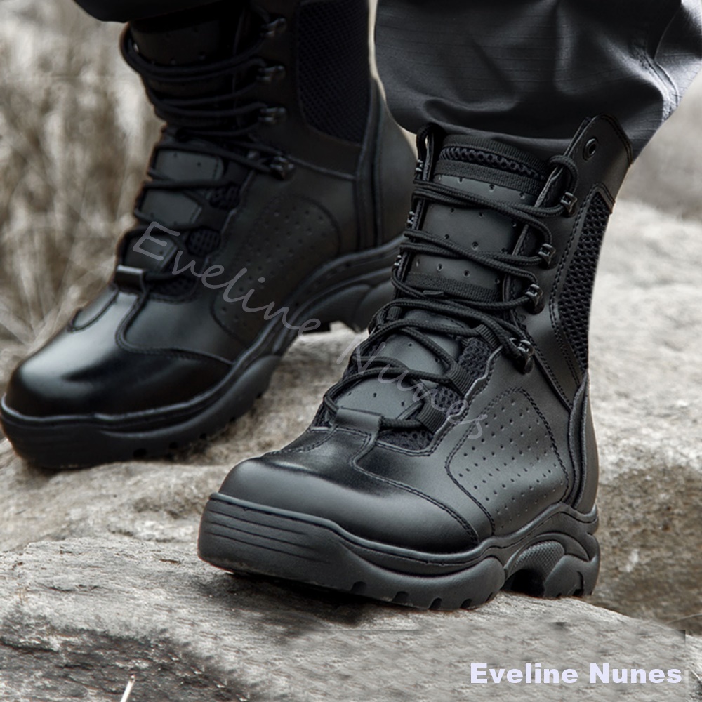 Leather Work Boots - รองเท้าบู๊ทตาข่ายแบบกลาง-สูงสำหรับการต่อสู้ทางยุทธวิธี ระบายอากาศได้ดี พื้นรองเท้ากันลื่น ทนทาน เหมาะสำหรับเดินป่า ตั้งแคมป์