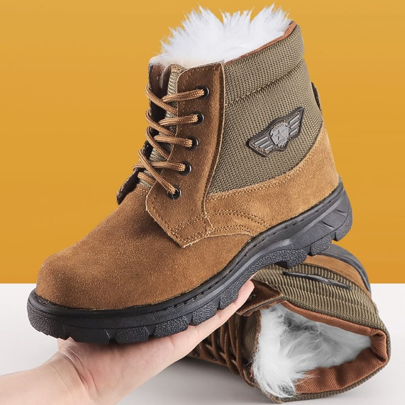 Leather Work Boots - รองเท้าบูทหิมะสำหรับผู้ชายฤดูหนาว หนังแท้ บุขนแกะ ให้ความอบอุ่นสำหรับกิจกรรมกลางแจ้ง หัวรองเท้าทรงกลม บุขนด้านใน