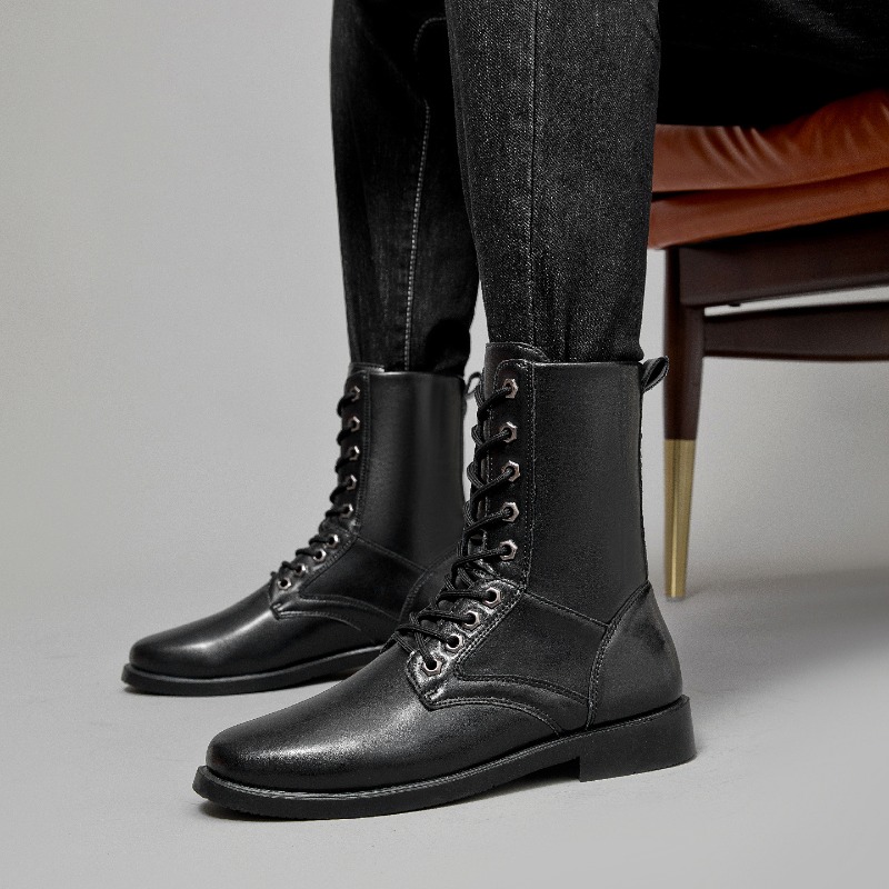 Leather Work Boots - รองเท้าบูทหนังหุ้มข้อสูง รองเท้าบูททางยุทธวิธีกลางแจ้ง รองเท้าบูทนิรภัยสำหรับผู้ชาย สีดำ กันลื่น รองเท้าเดินป่า