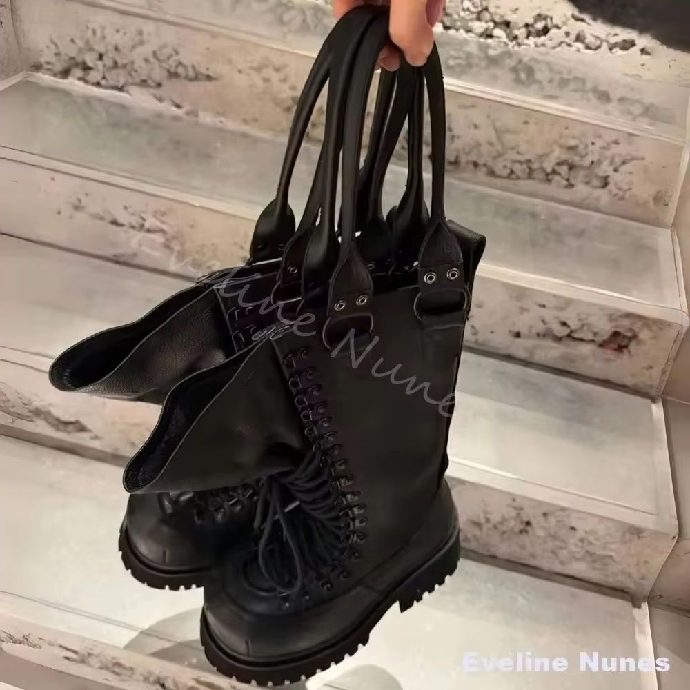 Leather Work Boots - รองเท้าบูทมอเตอร์ไซค์หนังแท้สไตล์เรโทรสำหรับผู้หญิง แบบผูกเชือก ปลายเท้าใหญ่ พื้นหนา รองเท้าบูทสูงถึงเข่า รุ่นสปริง