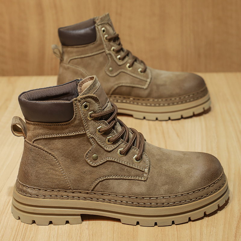 Leather Work Boots - รองเท้าบูทแฟชั่นผู้ชายสำหรับฤดูใบไม้ผลิ รองเท้าทำงานหนังแท้กันลื่น สีน้ำตาล สไตล์ลำลองแบบคาวบอย ทันสมัย
