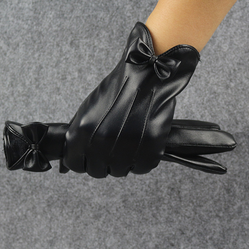 Leather Work Winter Gloves - คุณภาพสูงหนังผู้หญิงแฟชั่นฤดูหนาว Warm โบว์สีดำขี่จักรยานถุงมือผู้หญิงขับรถสัมผัสหน้าจอถุงมือ Mittens B7