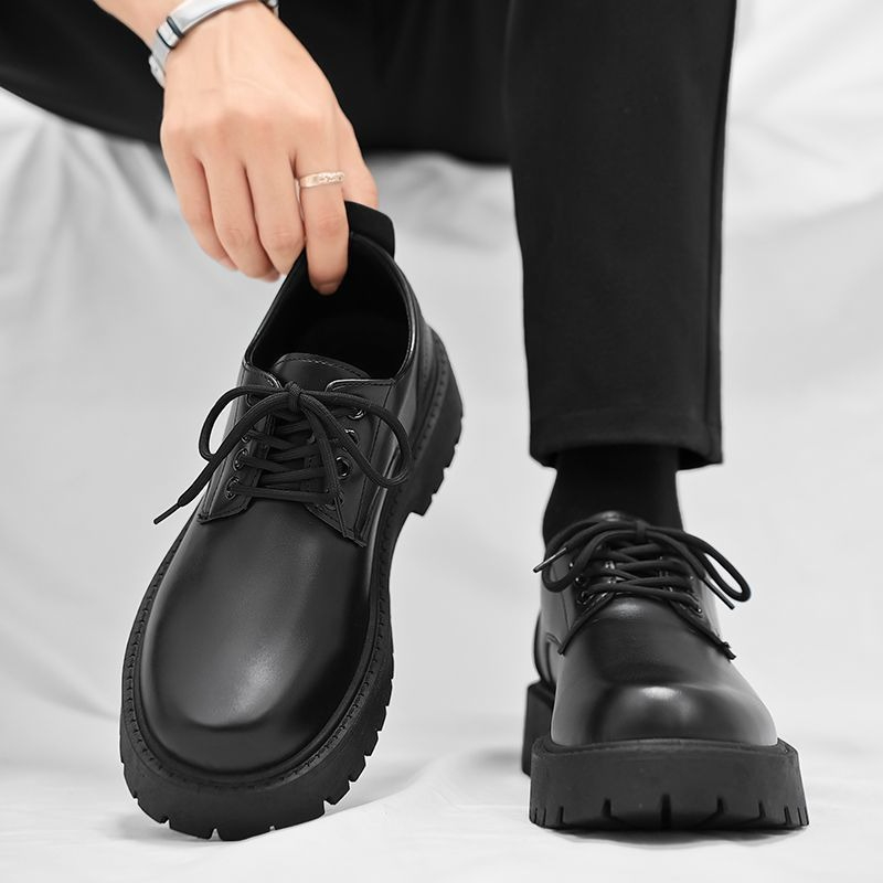 Leather Work Boots - รองเท้าบูทเชลซีผู้ชาย สไตล์อังกฤษ หนังสีดำ รองเท้าบูทหุ้มข้อ ซิปด้านข้าง เพิ่มความสูง