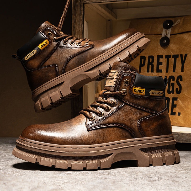 Leather Work Boots - Vintage Men Platformข้อเท้ารองเท้าฤดูใบไม้ร่วงฤดูหนาวอังกฤษเชลซีรองเท้าหนังกลางแจ้งลื่นสบายๆรองเท้าทํางานBotas Hombre