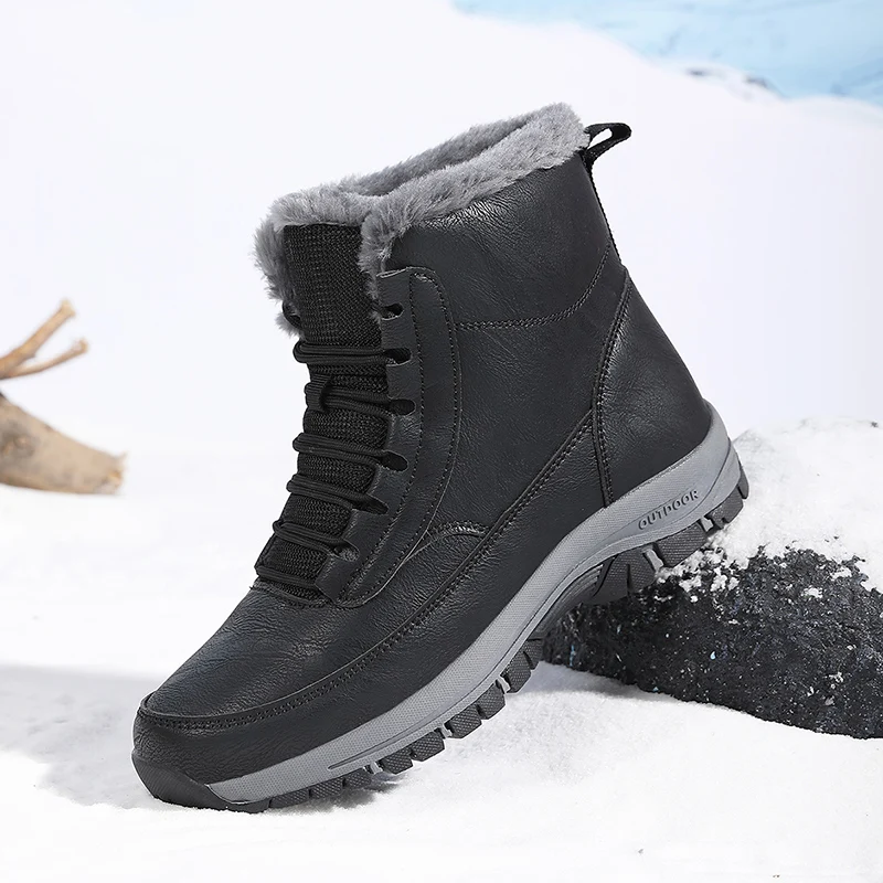 Leather Work Boots - รองเท้าบูทหิมะสำหรับผู้ชายรุ่นใหม่สำหรับฤดูหนาว บุขนอบอุ่น รองเท้าบูทเดินป่ากันลื่นสำหรับกลางแจ้ง รองเท้าหนังผู้ชาย รองเท้าบูทข้อสั้น รองเท้าทำงาน