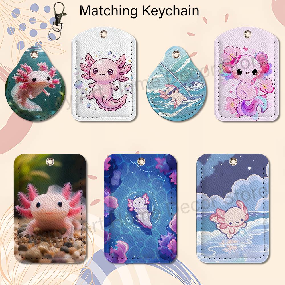 Leather Work - พวงกุญแจการ์ตูน A-Axolotl สีชมพูน่ารัก สำหรับใส่บัตรทำงาน บัตรธนาคาร บัตรนักเรียน