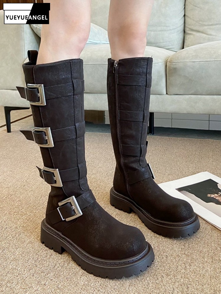 Leather Work Boots - รองเท้าบูทผู้หญิงแฟชั่นแบบหลายหัวเข็มขัด ความสูงระดับเข่า พื้นหนา สไตล์มอเตอร์ไซค์ พังก์ รองเท้าทำงานนิรภัย