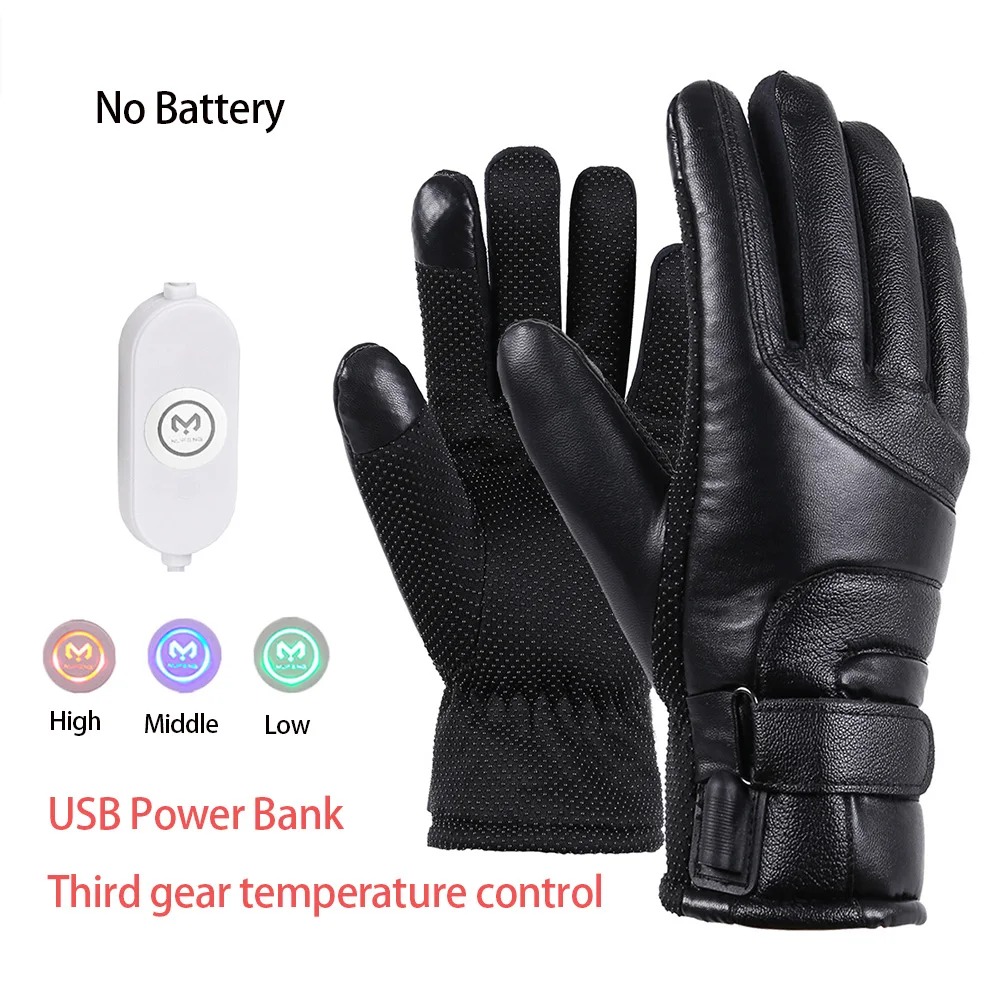 Leather Work Winter Gloves - ถุงมือสกีไฟฟ้าสำหรับผู้ชายและผู้หญิง ชาร์จผ่าน USB ให้ความอบอุ่นสำหรับมือในฤดูหนาว รองรับการสัมผัสหน้าจอ ป้องกันการลื่นไถล