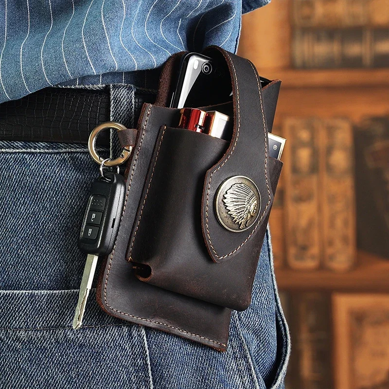 Leatherwork Belt - บุรุษหนังแท้เอวกระเป๋าโทรศัพท์มือถือกระเป๋าชายกลางแจ้งผู้ชาย Fanny Pack Key แนวตั้งสวมเข็มขัดรอบเอวกระเป๋า