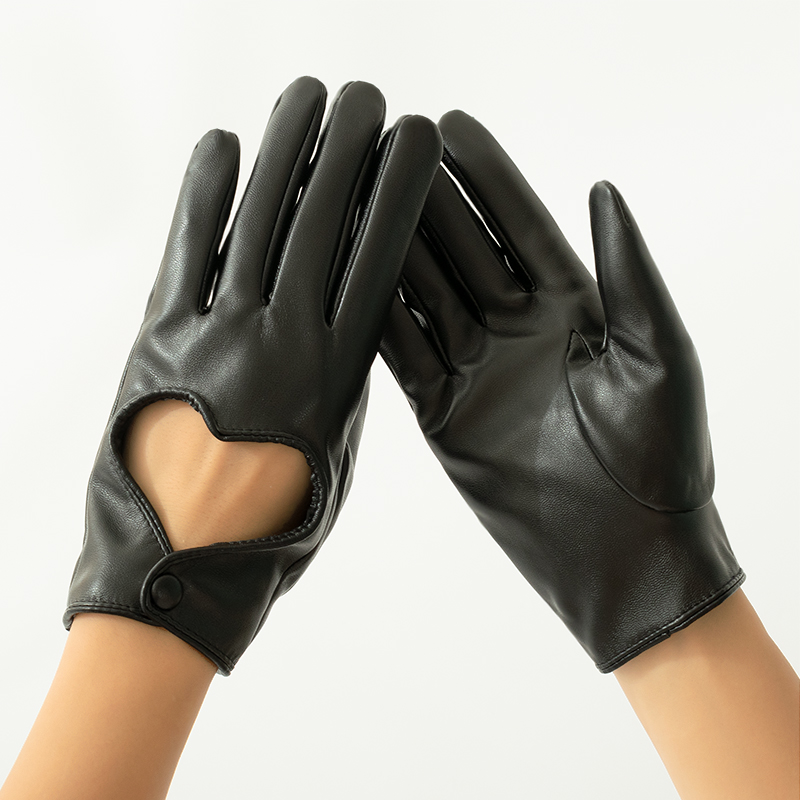 Leather Work Winter Gloves - ผู้หญิง Hollow Peach หัวใจ PU หนังถุงมือฤดูหนาว
